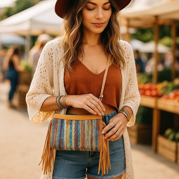 2 Chic Luxe Boho Fringe Crossbody Bag Wool Blend Suede Trim 11"x8" - Picture 2 of 12